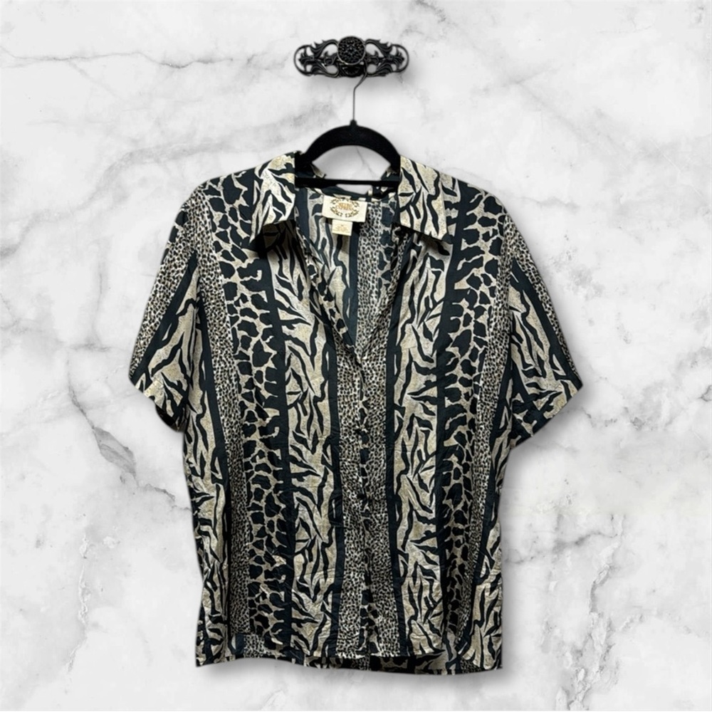 Metro Express Vintage Stripes Silk Black Cream Animal Print Shirt button down M